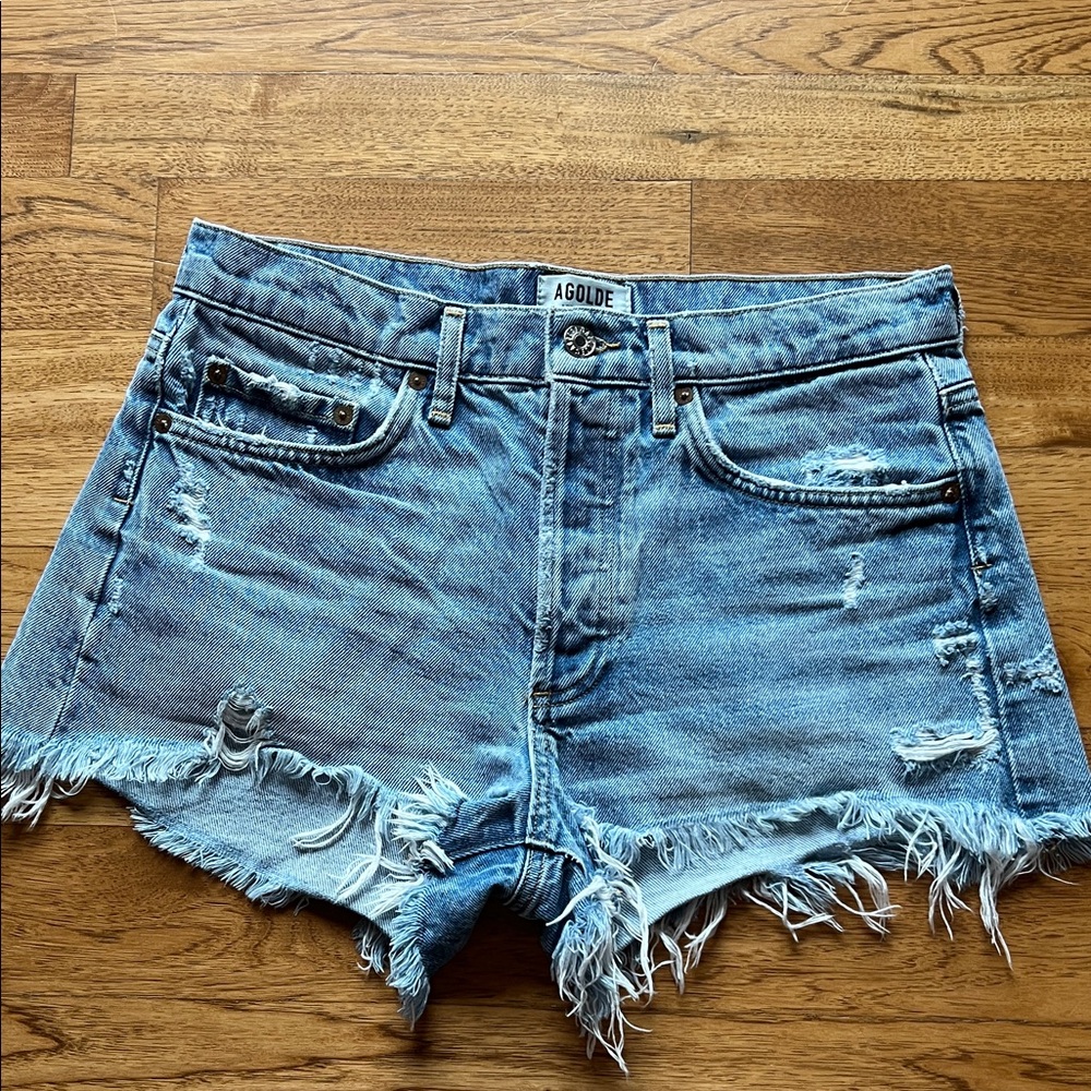 Agolde Distressed Light Blue Jean Shorts